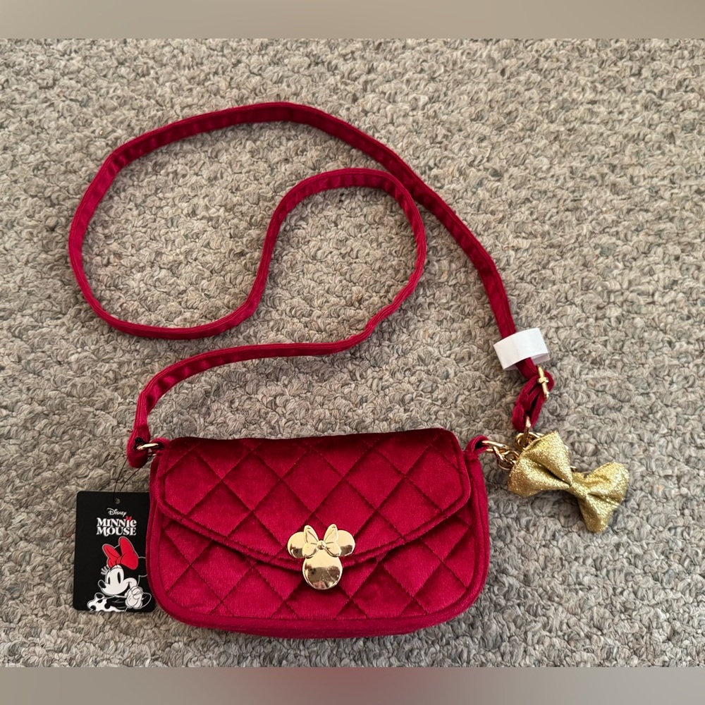 Minnie Mouse Red Quilted velvet Crossbody Bag with Gold Bow